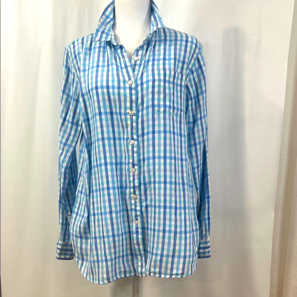 100% LINEN L.L. Bean Blue and White Plaid Shirt